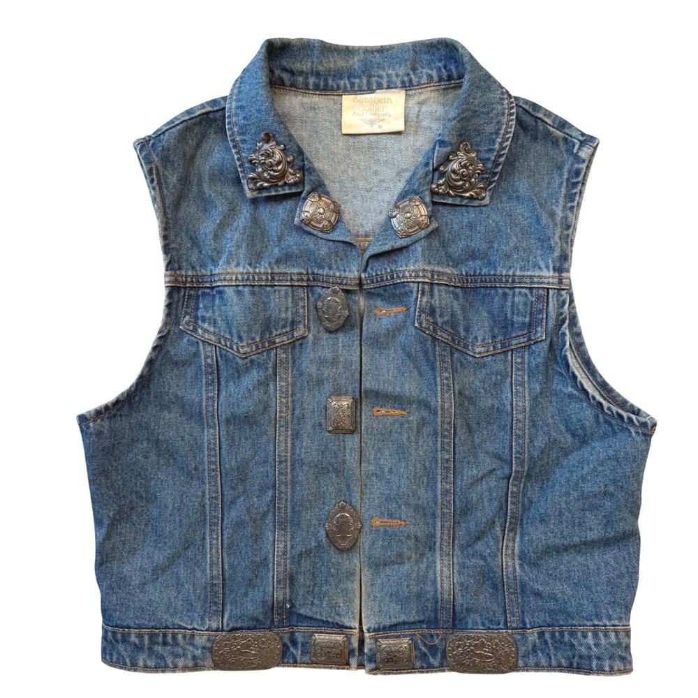 Vintage 80s 90s Elizabeth Collier Embellished Denim Vest Boho Western Concho M